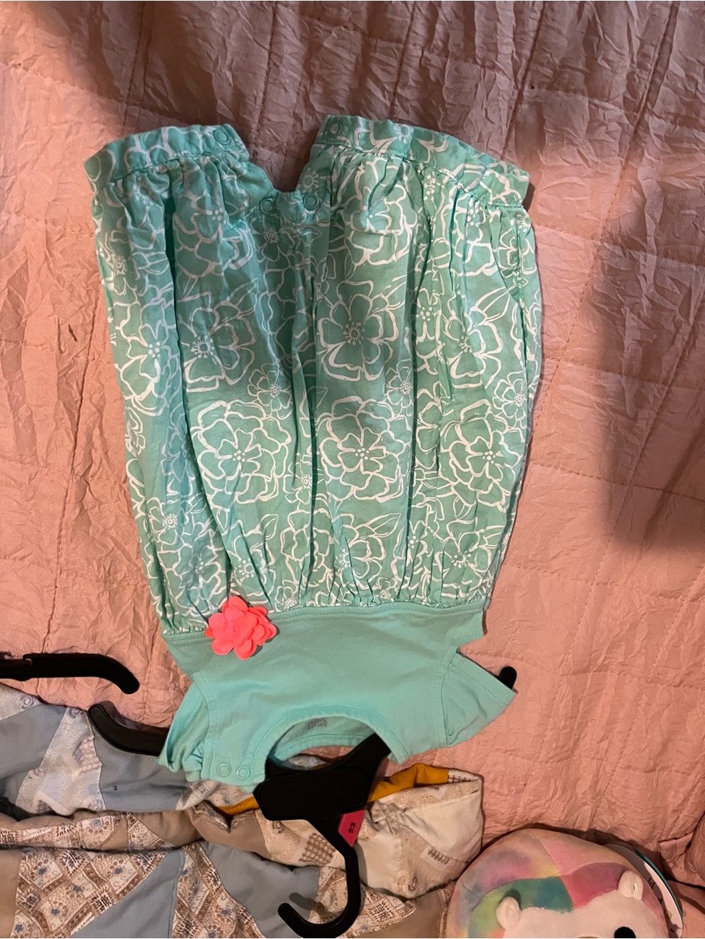 Mint Green Floral Knit Bodysuit with Pink Flower Accent